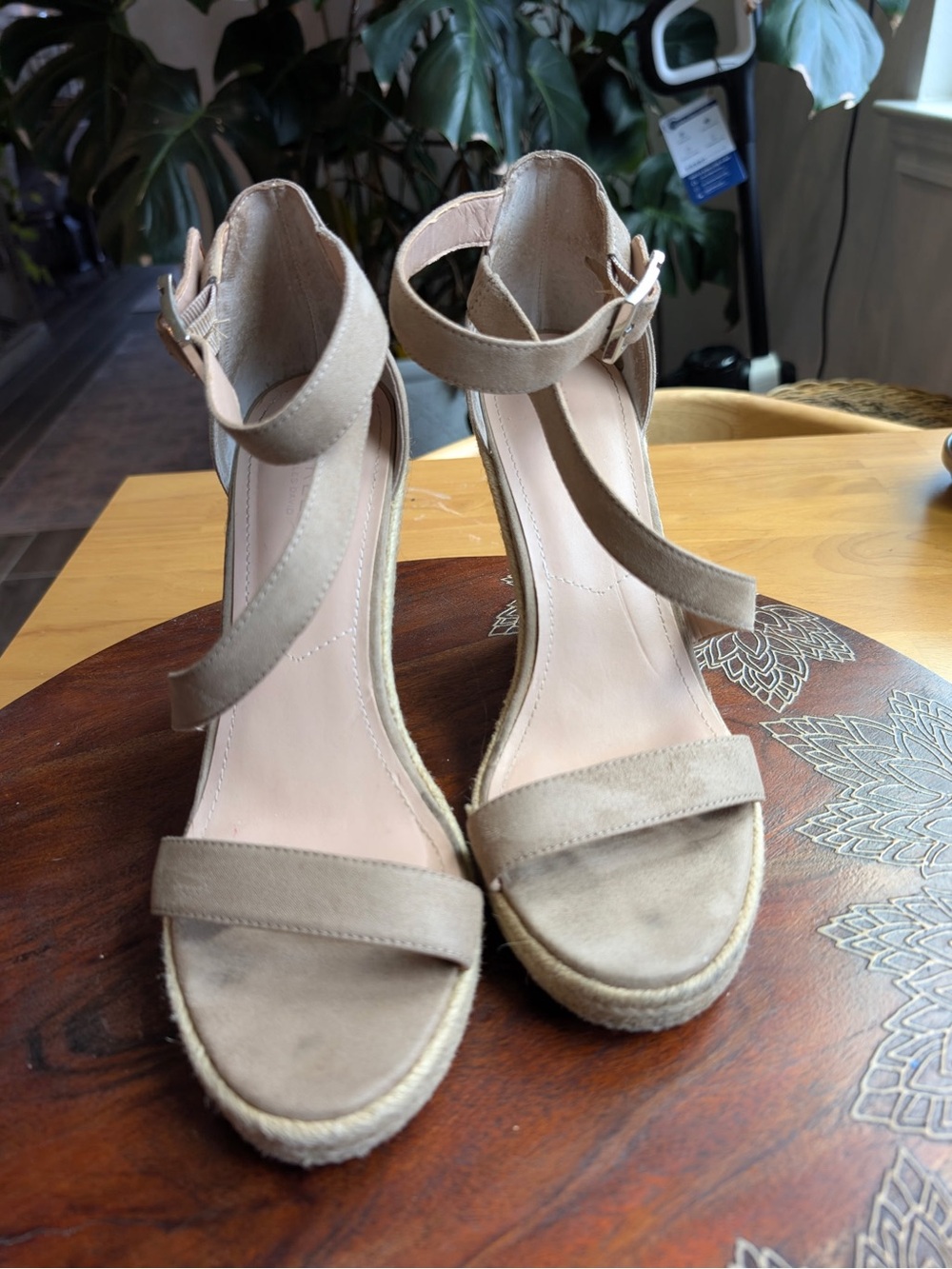 Charles David Beige Suede Ankle-Strap Espadrille Wedges